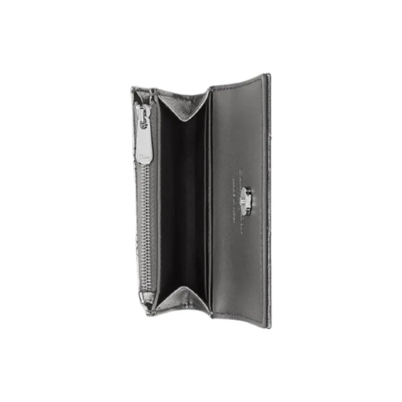 DIOR Wicker Pattern Calfskin Wallet Women's Metal Silver-3
