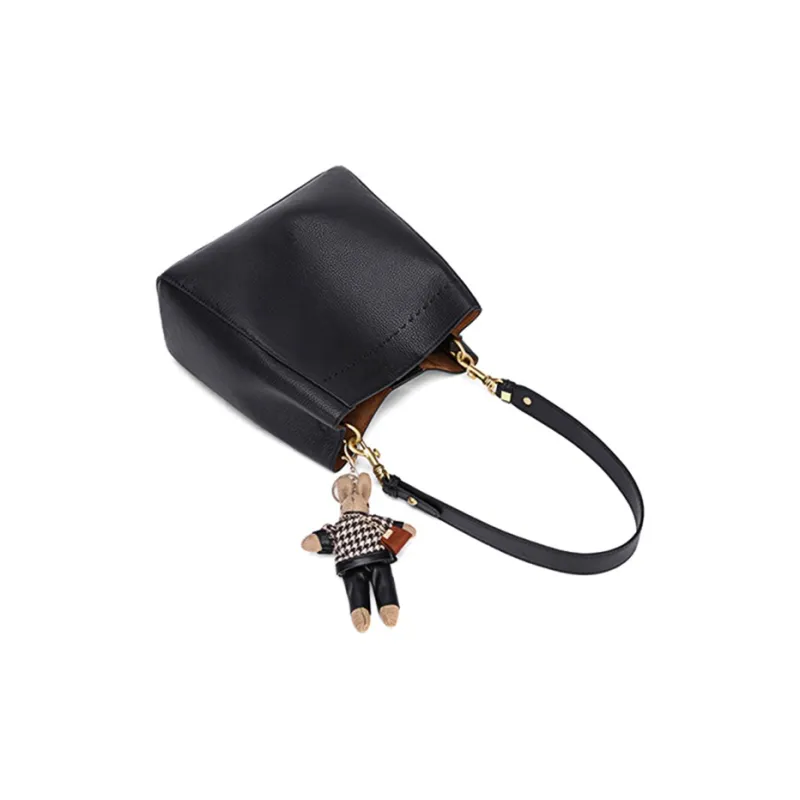 Carnival Keep Top Grain Cow Leather Bucket Bag Shoulder Bag Handheld Bag Regular Women's Camel/Black-8