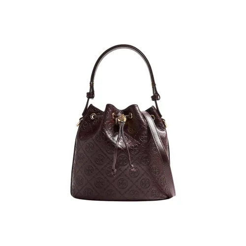 TORY BURCH T Monogram Leather Bucket Bag, Shoulder Bag, Crossbody Bag, Handbag Women's Dark Red Wine