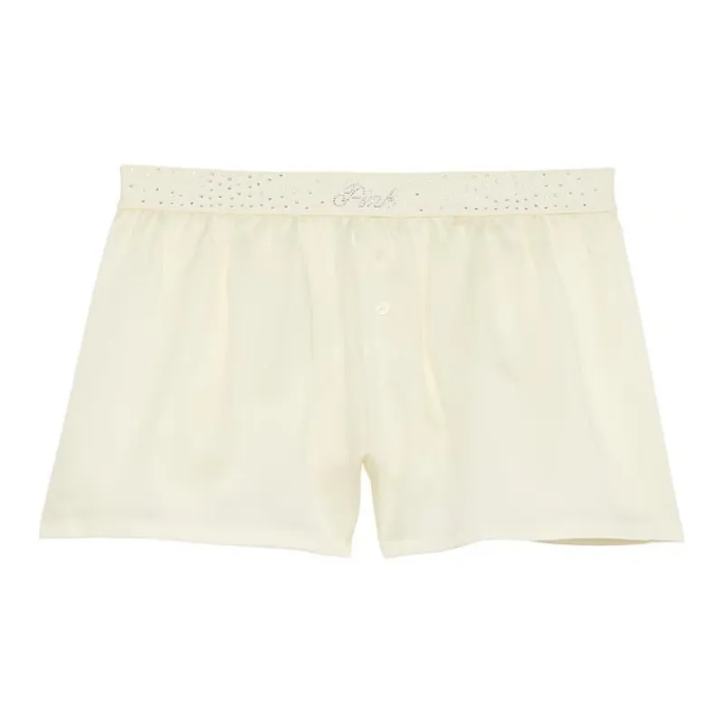 Victoria's Secret PINK Silky Sleep Boxy Pajama Shorts / Creamer Bling Pajama Pants Women's Yellow-0