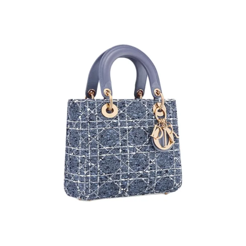 DIOR Lady Dior Rattan Plaid Shoulder Bag Crossbody Bag Handbag Small Size Women's Denim Blue-2