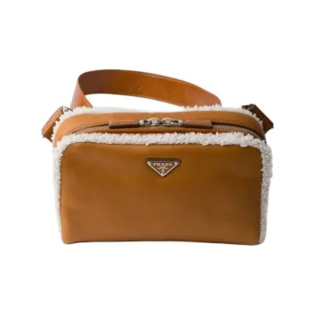 PRADA Shearling Crossbody Bag Shoulder Bag Men's Cognac White/Blue Geometric Natural