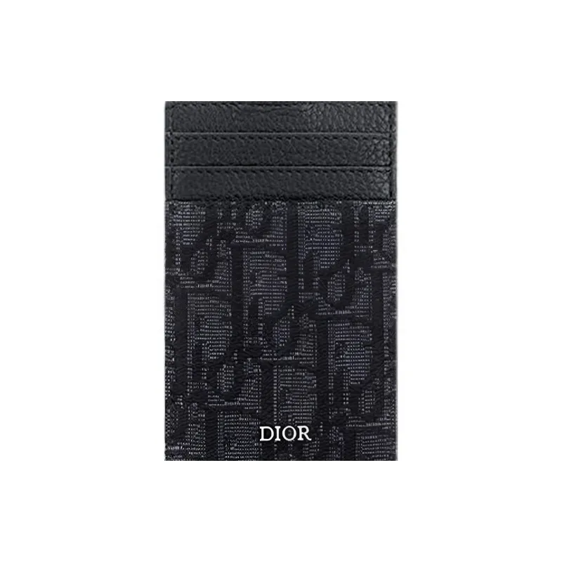 DIOR Grained Cow Leather With Fabric Card Clip Card Holder Men's Black-3