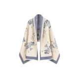 Butterfly around Flower Branch, Beige with Blue
