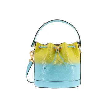 TORY BURCH T Monogram Leather Bucket Bag, Portable Crossbody Bag, Shoulder Bag Women's Yellow & Blue