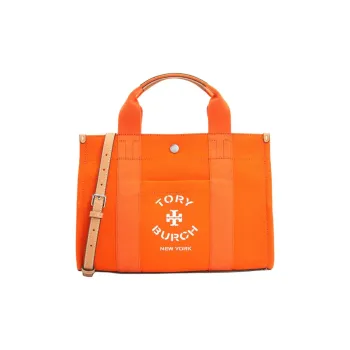 TORY BURCH Cotton Tote Bag Shopping Bag Shoulder Bag Crossbody Bag Handbag Small Size Women's Orange Red