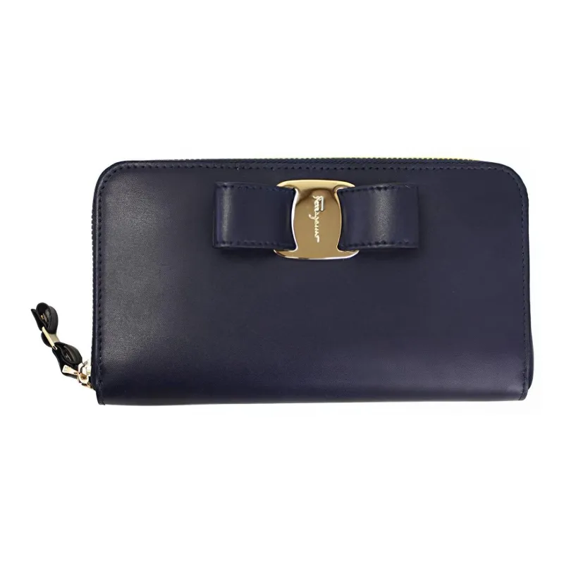 FERRAGAMO Vara Leather Wallet Women's Dark Blue-0