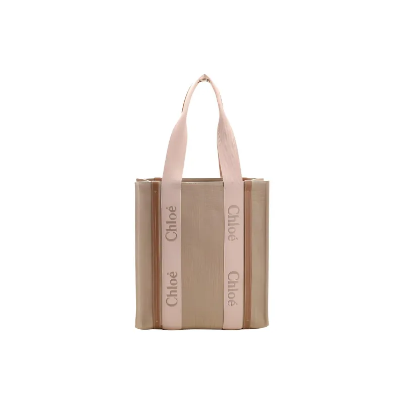 Chloe Woody Linen Canvas With Calfskin Canvas Bag Tote Bag Shopping Bag Handbag Women's Beige-2