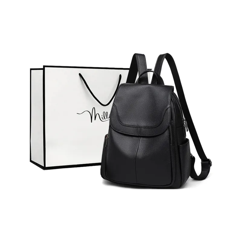 MILLIE'S Cow Leather With Synthetic Leather Backpack Travel Backpack Regular Unisex Black-0