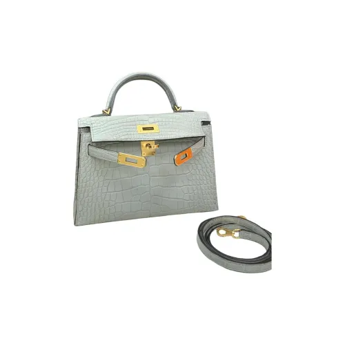 HERMES Mini Kelly 2nd Generation Matte Crocodile Leather Handbag Mini Women's 0V Crystal Gray