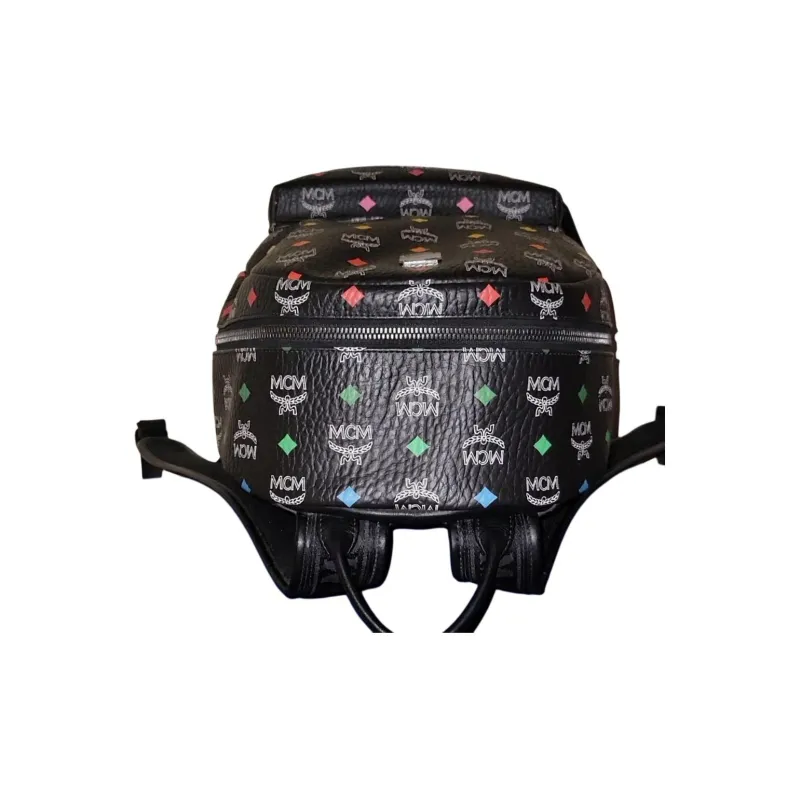 MCM Stark Visetos Artificial Leather Cow Leather Patchwork Backpacks Backpack Medium Size Men's Black-3