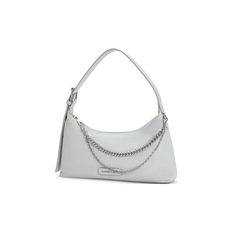 CHARLES&KEITH PU, Textile Mixture Shoulder Bag Small Size Women's Noir Black/Light Gray-1