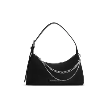 CHARLES&KEITH PU, Textile Mixture Shoulder Bag Small Size Women's Noir Black/Light Gray