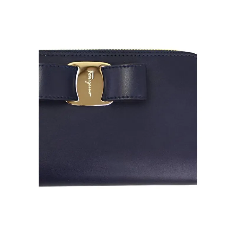 FERRAGAMO Vara Leather Wallet Women's Dark Blue-3