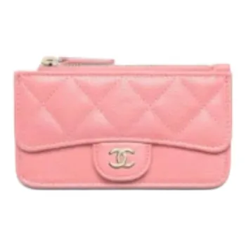 CHANEL Grain Calfskin Card Holder Women's Light Pink Red