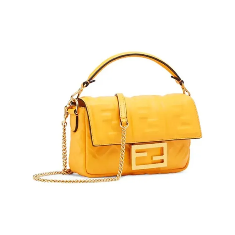 FENDI Baguette Fabric With Sheepskin Patchwork Baguette Bag Handbag Shoulder Bag Crossbody Bag Mini Women's Orange-1