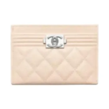 CHANEL Shiny Grain Calfskin Card Holder Women's Light Beige
