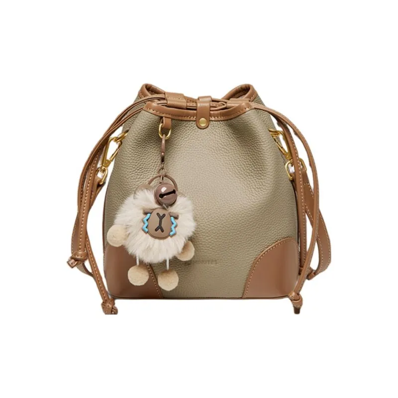 15 MINS Top Grain Cow Leather Crossbody Bag Shoulder Bag Regular Women's Khaki & Brown-0
