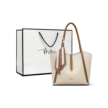 MILLIE'S Cow Leather With Synthetic Leather Tote Bag, Shopping Bag, Handbag Regular Women's Ecru
