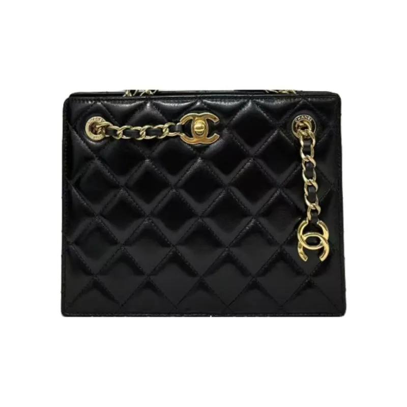 CHANEL Bright Lambskin Crossbody Bag, Shoulder Bag Trumpets Women's Black-0