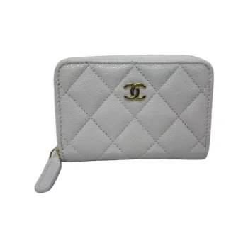 CHANEL Leather Wallet Women's Gray White