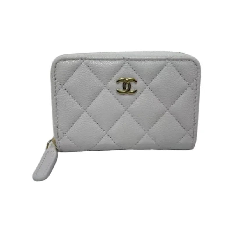 CHANEL Leather Wallet Women's Gray White-0