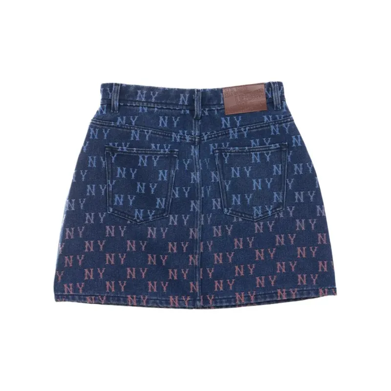 MLB New York Yankees Denim Gradation Jacquard Monogram New York Yankees Denim Denim Short Skirts Women's Blue-1