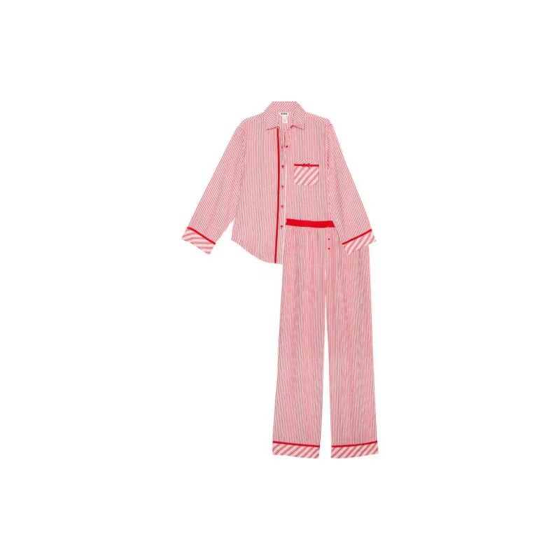 Victoria's Secret PINK Flannel Long Pajama Set/Bright Vermillion Stripes Pajama Set Women's Pink-0