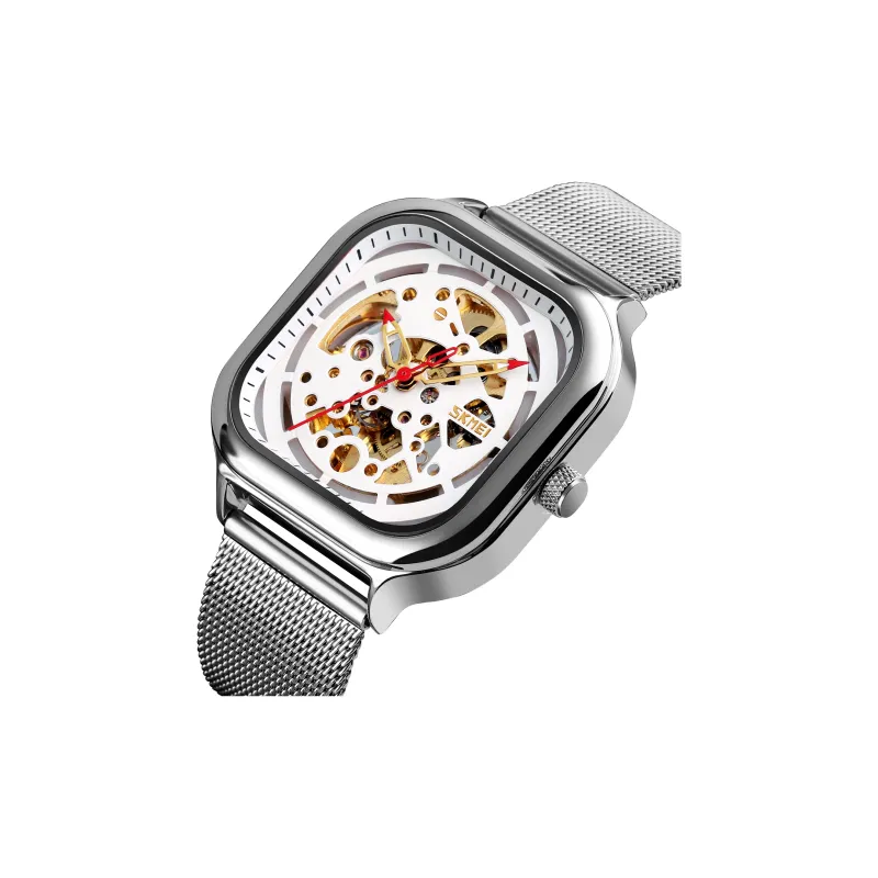 SKMEI Automatic Mechanical Movement Stainless Steel Strap Watch Unisex White Dial-1