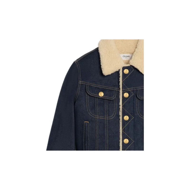 CELINE Trucker Sherpa Jacket In Raw Wash Denim-4