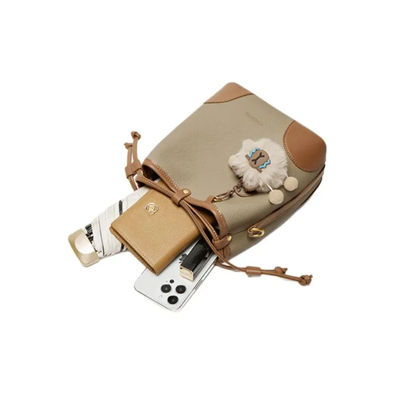15 MINS Top Grain Cow Leather Crossbody Bag Shoulder Bag Regular Women's Khaki & Brown-1