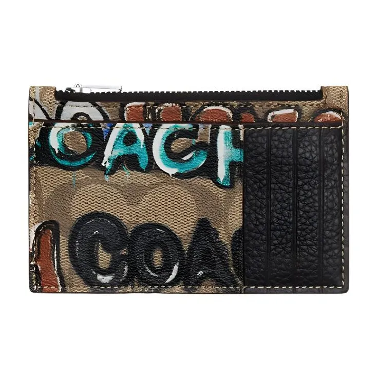 COACH Mint+Serf Zip Card Case Collaboration Canvas With Leather Canvas Bag Clutch Wallet Card Holder Women's Khaki-1