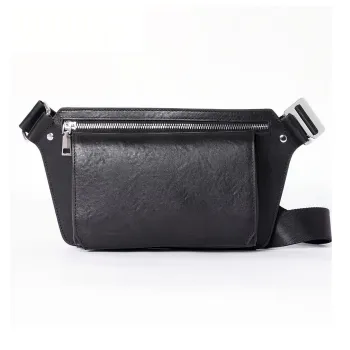 DOSRFINI Cow Leather Sling Bag Medium Size Men's Black Litchi Grain/Black Vegetable Tanned Leather