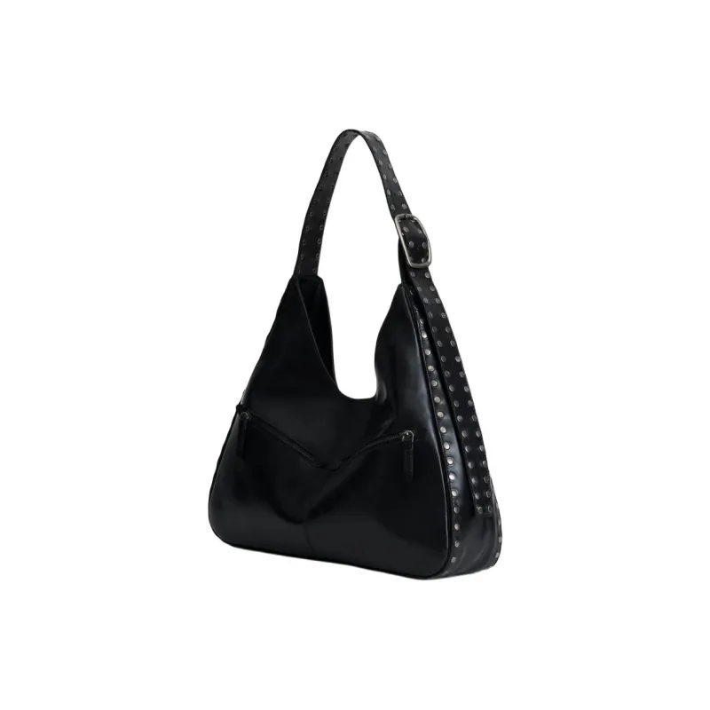 ZARA Cow Leather Bucket Bag Handbag Shoulder Bag Large Size Women's Black-1