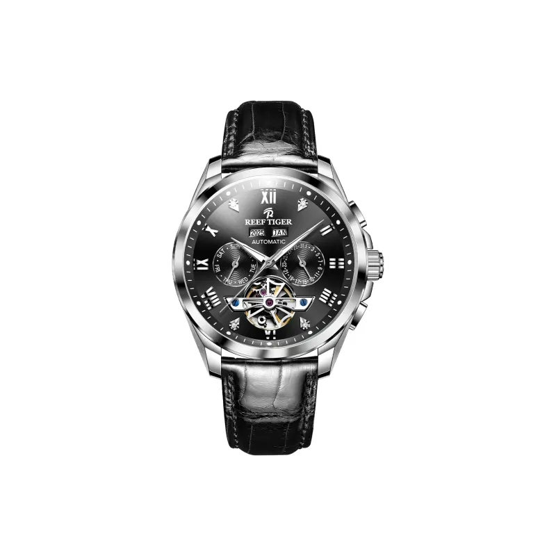 REEF TIGER Automatic Mechanical Movement Leather Watch Bands Watch Men's Watches White Dial-5