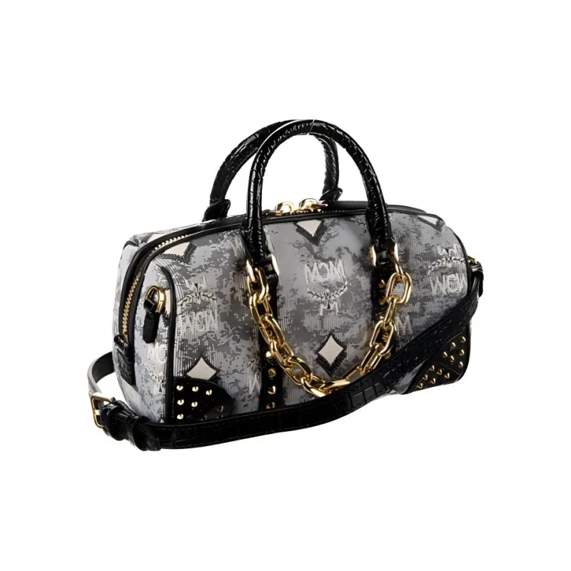 MCM Jacquard Fabric Boston Shoulder Bag, Crossbody Bag, Handbag Mini Women's Black-2