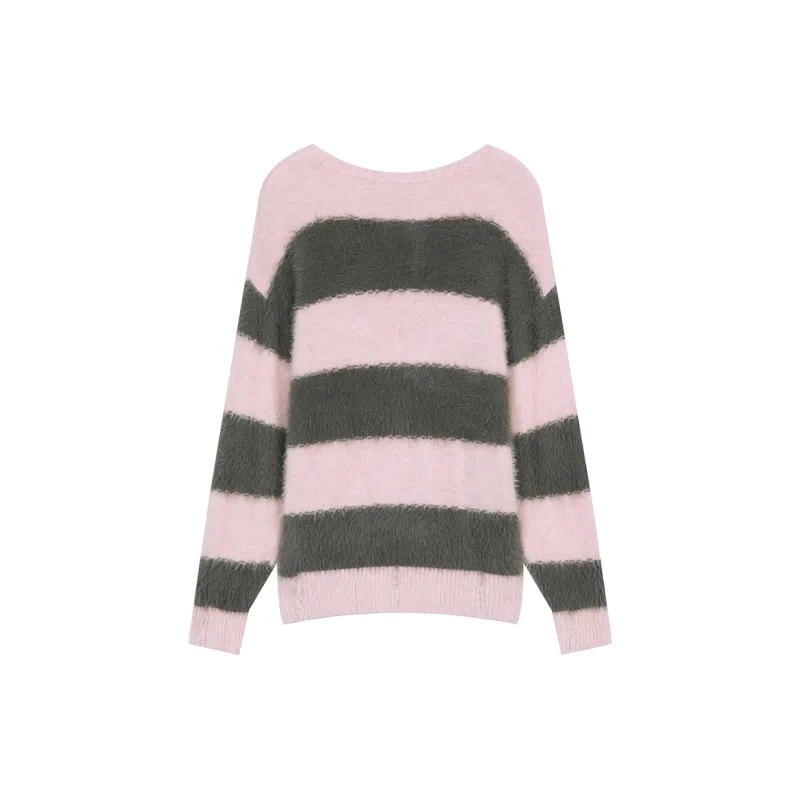 ELF SACK Sweater Women's Demon Heart Gray Pink Stripes-1
