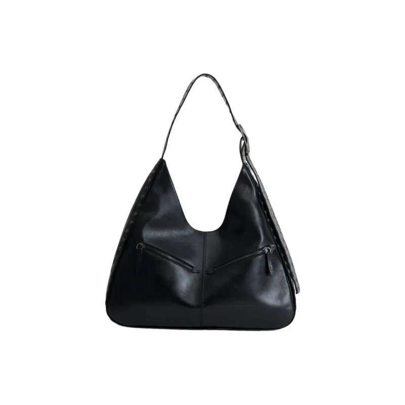 ZARA Cow Leather Bucket Bag Handbag Shoulder Bag Large Size Women's Black-0