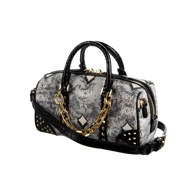 MCM Jacquard Fabric Boston Shoulder Bag, Crossbody Bag, Handbag Mini Women's Black-1