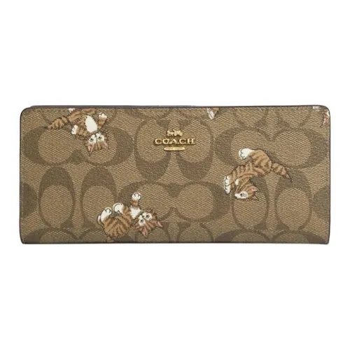 COACH Slim Wallet Iconic Coated Canvas With Smooth Leather Clutches Wallets Women's Khaki