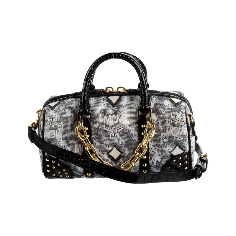 MCM Jacquard Fabric Boston Shoulder Bag, Crossbody Bag, Handbag Mini Women's Black-0