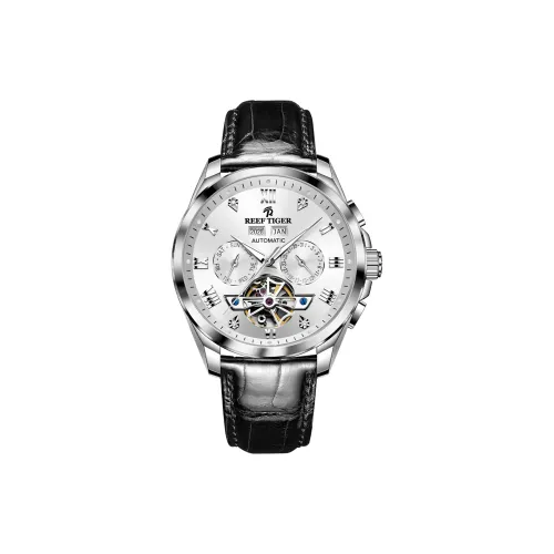 REEF TIGER Automatic Mechanical Movement Leather Watch Bands Watch Men's Watches White Dial