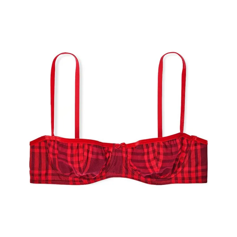 Victoria's Secret PINK Festive Flannel Unlined Balconette Bra / RPP Bra Women's Red Plaid Print-0