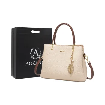 AOKANG Cow Leather Tote Handbag, Shoulder Bag, Crossbody Bag Women's Ecru/Classic Black/Pearl Blue