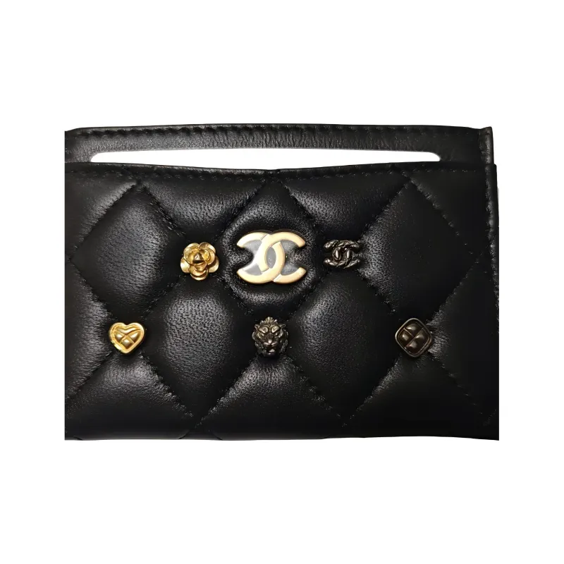 CHANEL Lambskin Card Holder Women's Black-2