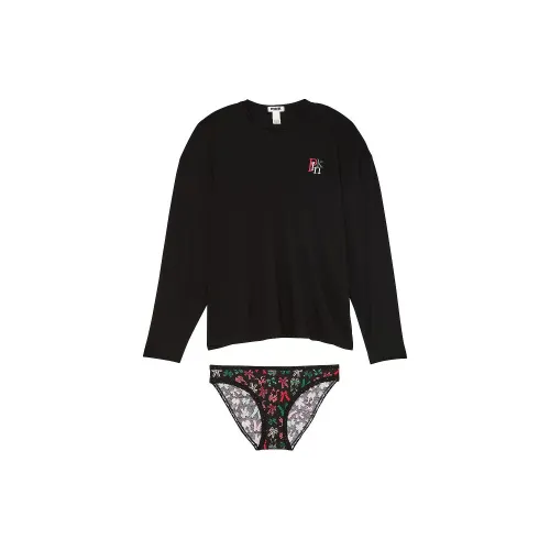 Victoria's Secret PINK Cotton Long Sleeve Tee & Panty Set / PBB Pajama Set Women's Black