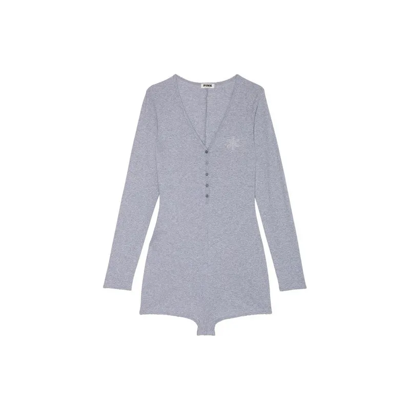 Victoria's Secret PINK Spill-the-Tea Cotton Henley Romper /MHG Home Onesies Women's Medium Gray-0