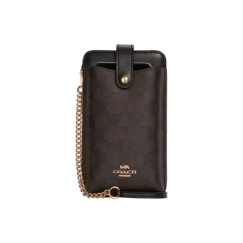 COACH Canvas With Leather One Shoulder Crossbody Cell Phone Pouch Women's Brown Black
