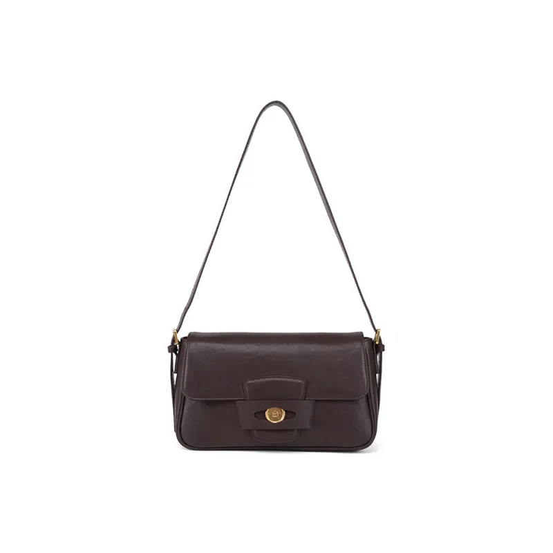 LA FESTIN Cow Leather Shoulder Bag Medium Size Women's Caramel Brown/Dark Wood Brown-4