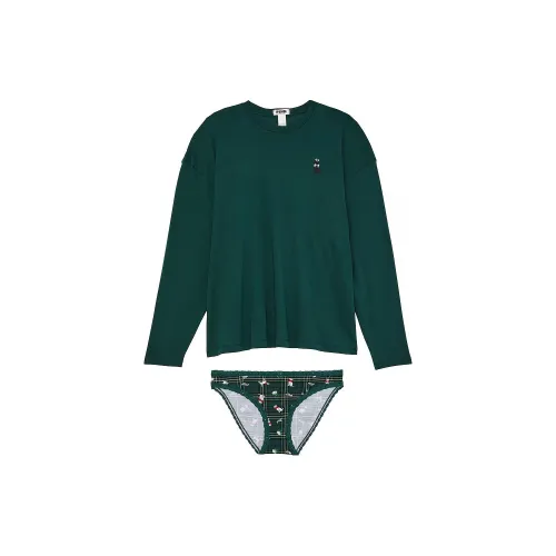 Victoria's Secret PINK Cotton Long Sleeve Tee & Panty Set / FGD Pajama Set Women's Deep Forest